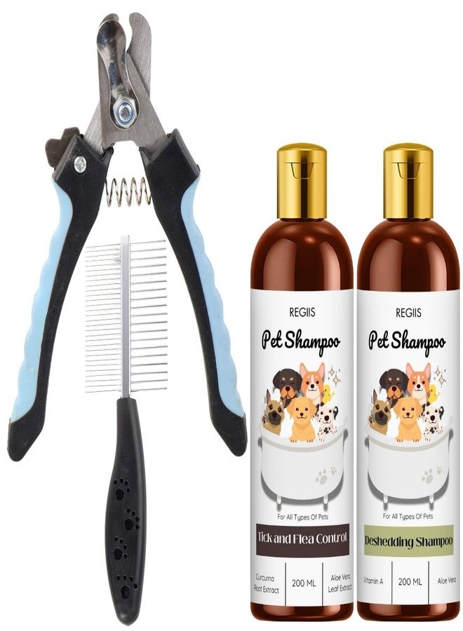 مجموعة العناية بالحيوانات الأليفة مع شامبو، شامبو لإزالة الشعر الزائد، 200 مل لكل عبوة، مشط احترافي للكلاب، لجميع أنواع الحيوانات الأليفة (عبوة من 4 قطع) - Image 1